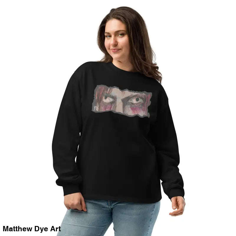 Black carded cotton long sleeve shirt featuring an eye graphic for elegant streetwear