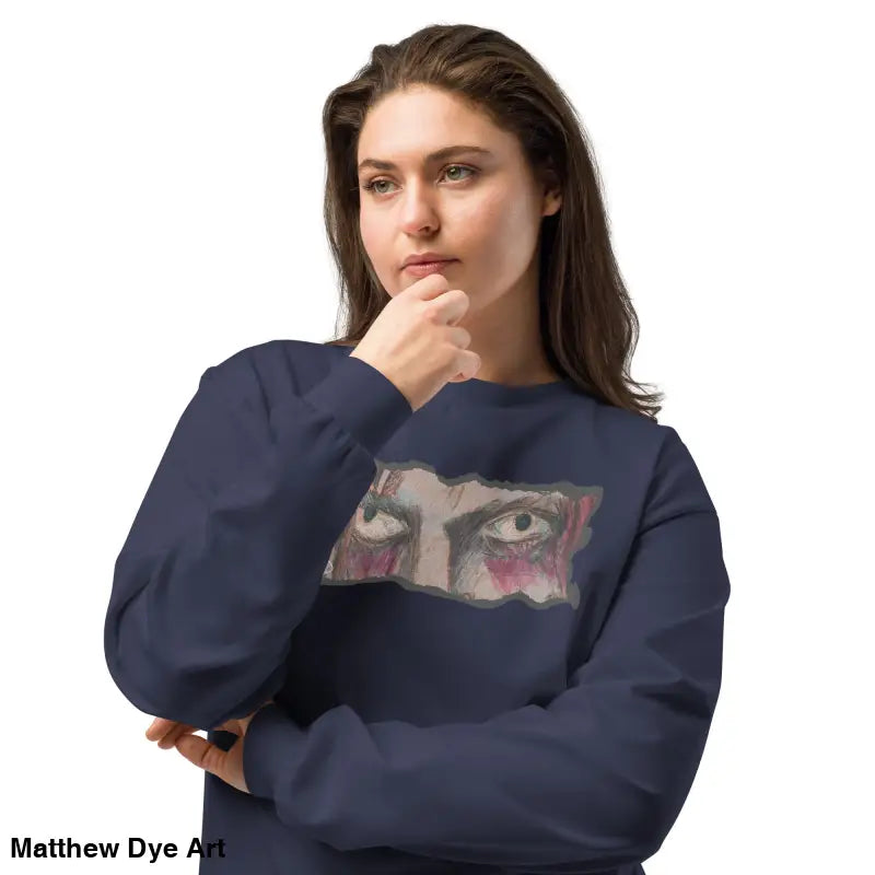 Navy sweatshirt with eye graphic from Watcher’s Veil elegant premium long sleeve collection
