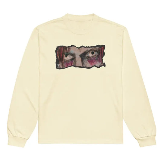 Elegant premium long sleeve shirt in cream featuring a haunting eye graphic design