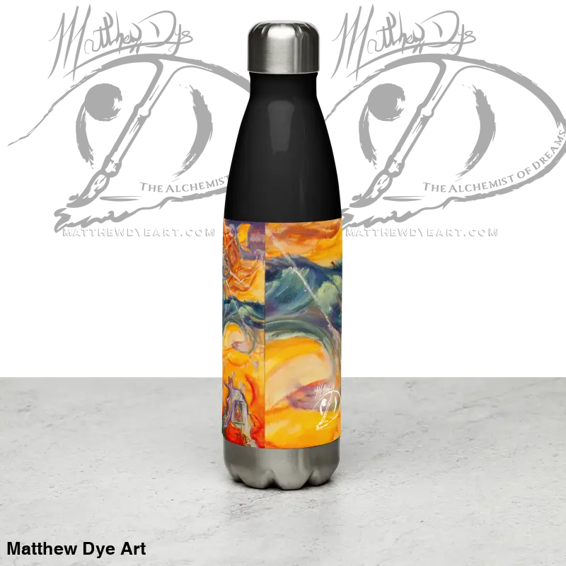 Waves of Saturn Stainless Steel Water Bottle with vibrant orange and blue abstract design