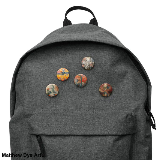Grey backpack adorned with decorative pins from the Treasure Trove pin set