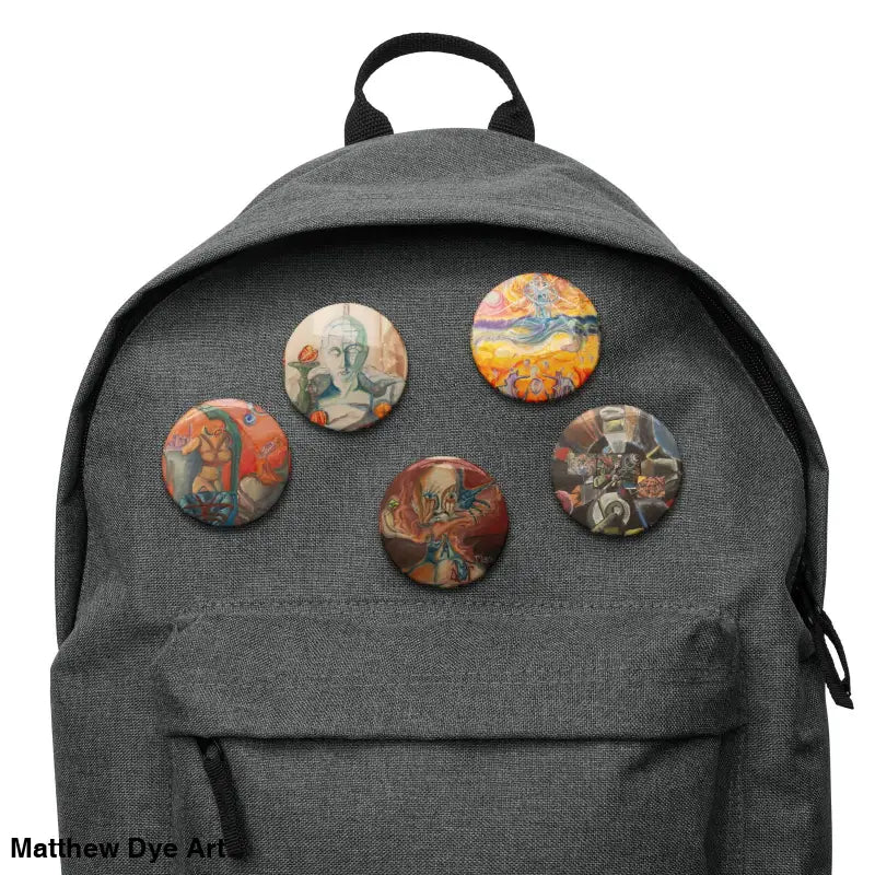 Grey backpack adorned with colorful pins from the Treasure Trove pin set for artistic expression