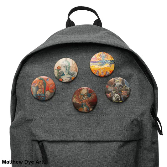 Grey backpack adorned with colorful pins from the Treasure Trove pin set for artistic expression