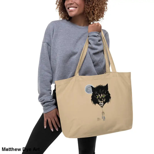 Beige tote bag featuring werewolf design from the Werewolf Moon Organic Cotton Tote