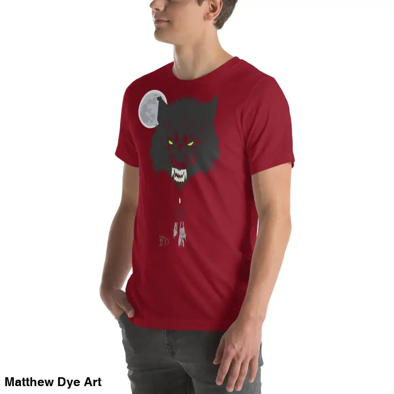 Red t-shirt embodies cherished dreams with a dark wolf head design and glowing red eyes