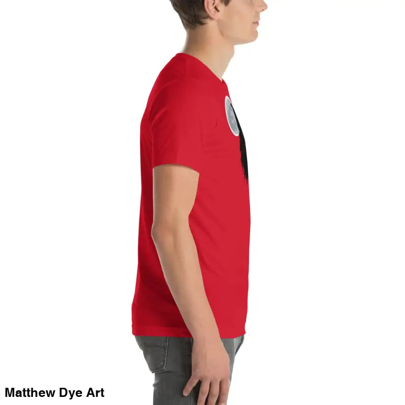 Red short-sleeved t-shirt embodies cherished dreams, paired with gray jeans for versatility