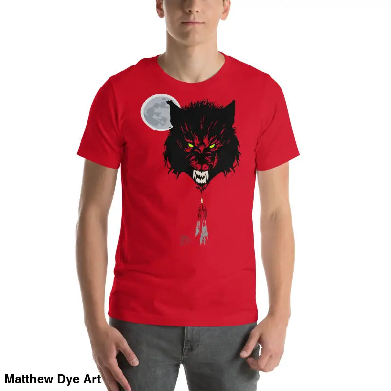 Red t-shirt embodies cherished dreams with fierce wolf head design and glowing red eyes