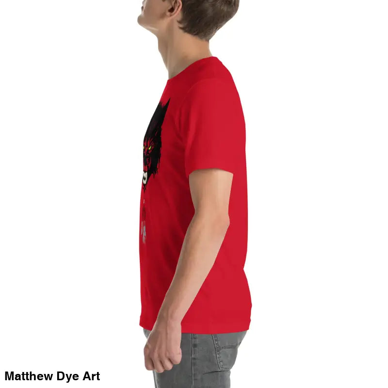 Red short-sleeved T-shirt embodies cherished dreams paired with gray jeans