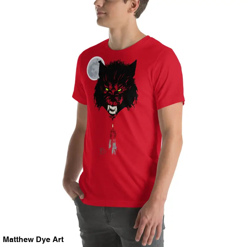Red t-shirt embodies fierce black wolf design, perfect for cherished dreams and style