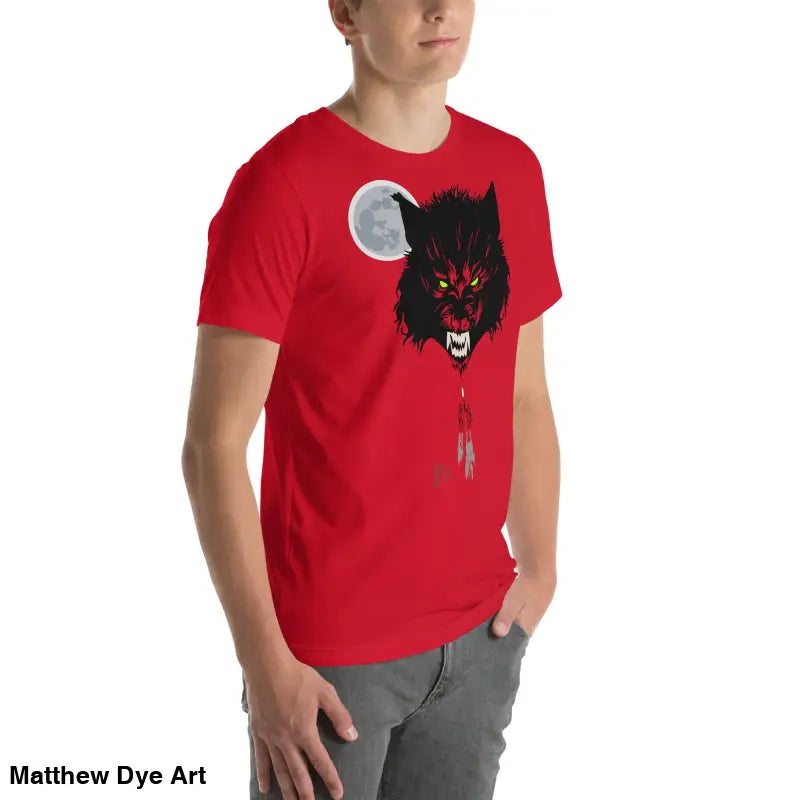 Red t-shirt embodies a black wolf head design with glowing red eyes and a full moon