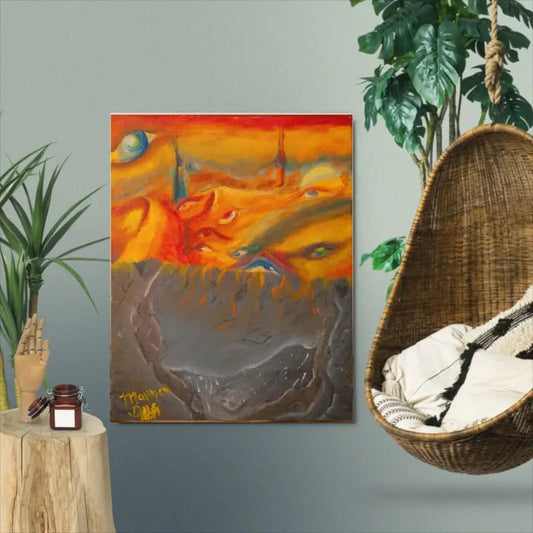 Abstract painting in vibrant orange and red tones, Above the Shadows metal art for home decor