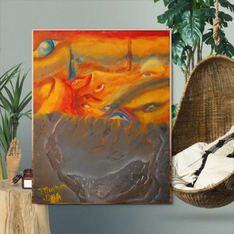 Abstract painting in vibrant orange and gray tones for Above the Shadows metal art for home decor