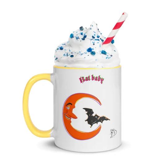 Halloween-themed Whimsical Bat Baby Mug with vibrant orange crescent and whipped topping