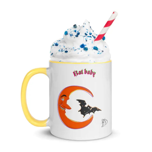 Halloween-themed Whimsical Bat Baby Mug with vibrant orange crescent and whipped topping