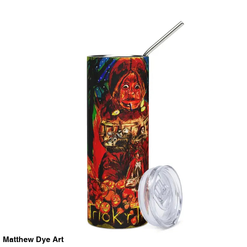 Halloween-themed stainless steel tumbler featuring a jack-o’-lantern figure for Trick r Treat