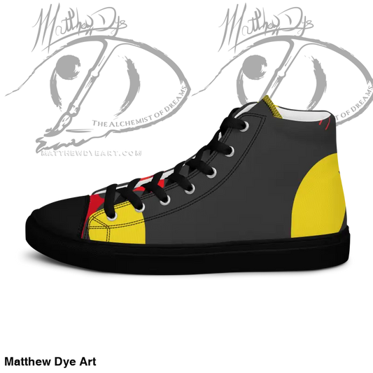 High-top sneakers featuring black, gray, and yellow color blocks with red laces, vintage black cat design
