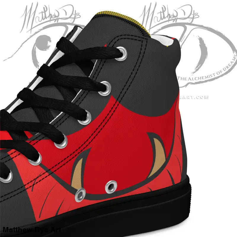 Red and black high-top sneaker featuring a stylized fish design from Vintage Black Cat collection