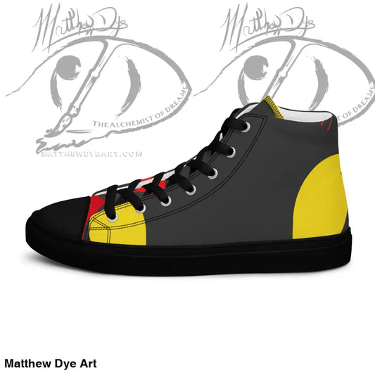 High-top sneakers featuring black, gray, and yellow color blocks with red laces, vintage black cat design