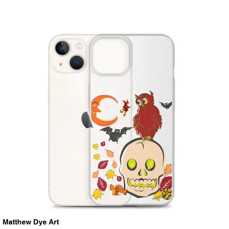 Clear phone case featuring Halloween artwork with a cartoonish skull for Haunted Harvest decor
