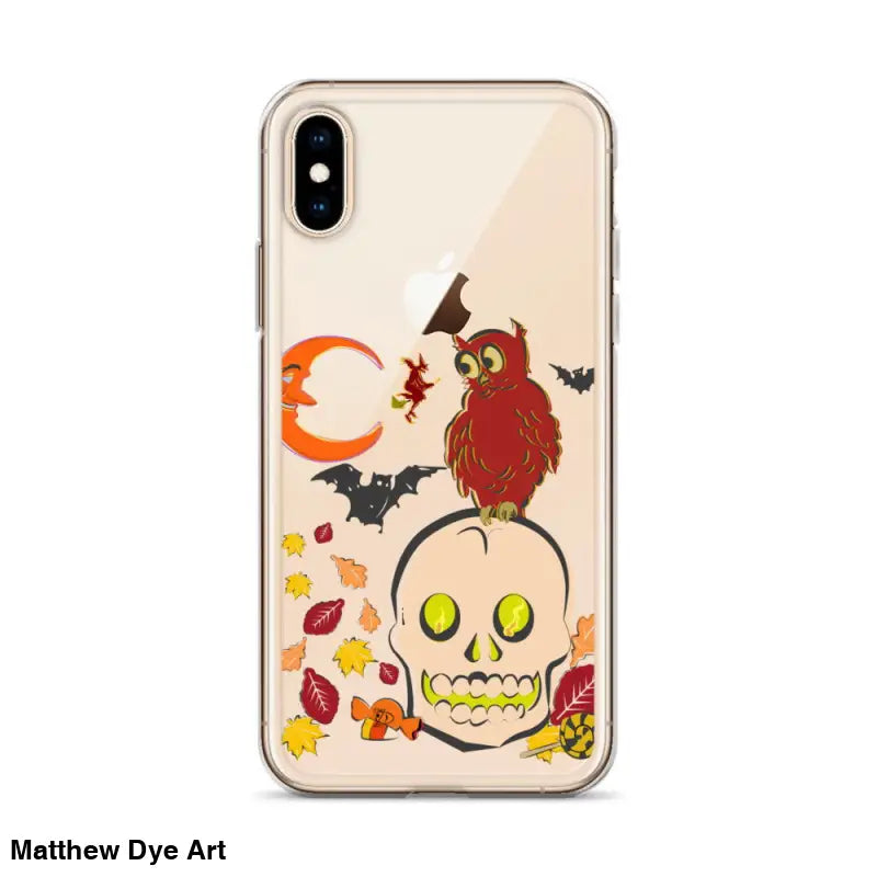 Clear phone case featuring cartoonish skull, owl, bats, and autumn leaves for Haunted Harvest