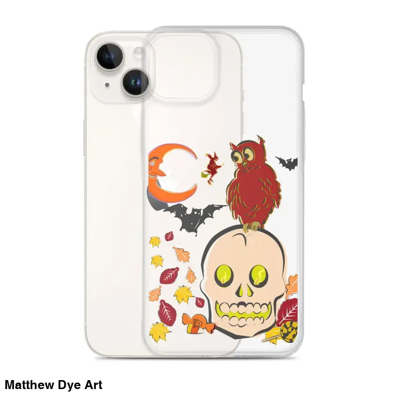 Clear phone case featuring cartoonish skull, owl, bats, and autumn leaves for Haunted Harvest