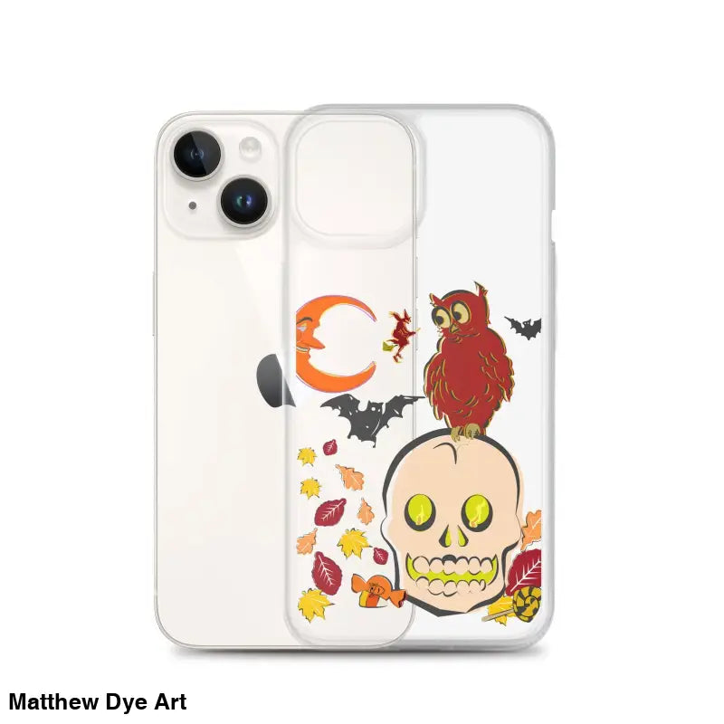 Clear phone case featuring cartoonish skull, owl, bats, and autumn leaves for Haunted Harvest
