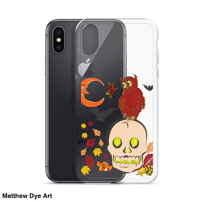 Clear iPhone case with Halloween decorations featuring cartoonish skull for Haunted Harvest