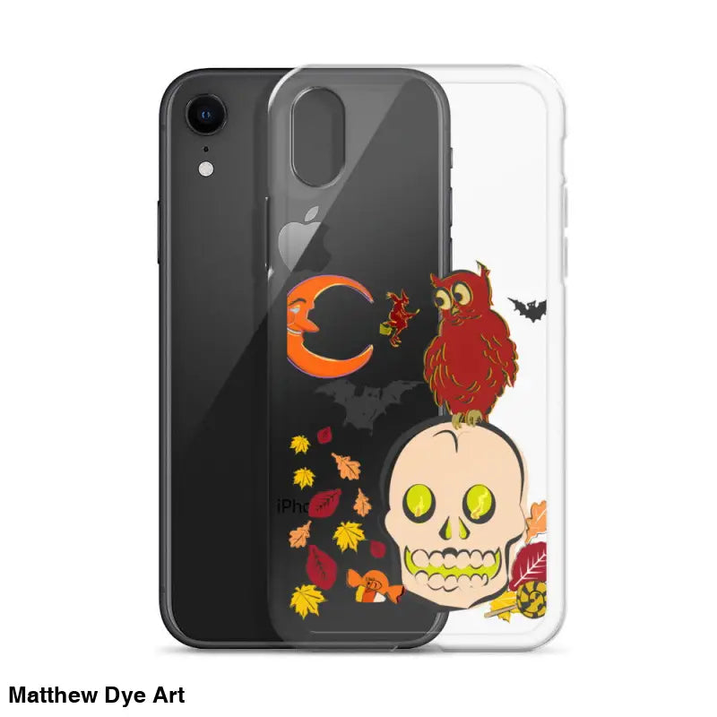 Clear iPhone case featuring a cartoonish skull and Halloween art for Haunted Harvest