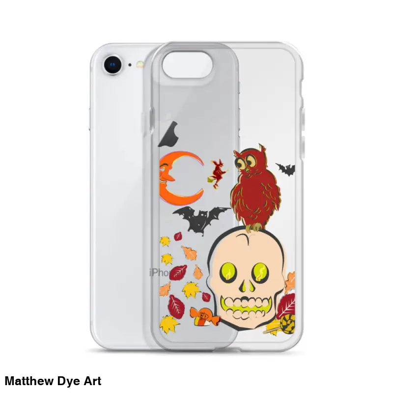 Clear iPhone case with Halloween artwork featuring cartoonish skull for Haunted Harvest