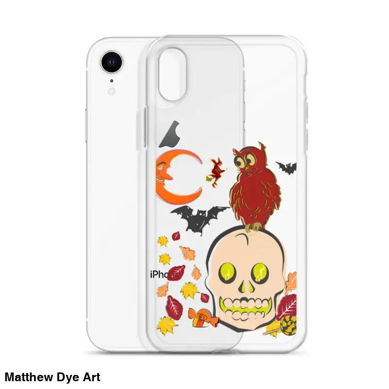 Clear iPhone case with haunted harvest design featuring cartoonish skull and Halloween elements