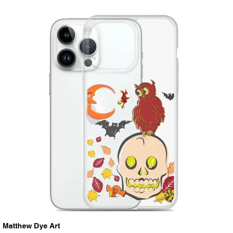 Clear iPhone case with Halloween artwork of a cartoonish skull and autumn elements