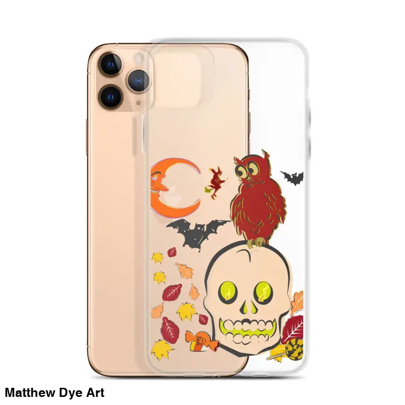 Halloween-themed clear phone case featuring a cartoonish skull for Haunted Harvest inspiration