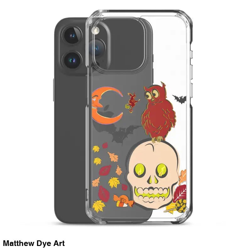 Clear phone case featuring cartoonish skull, red owl, and autumn leaves for Haunted Harvest