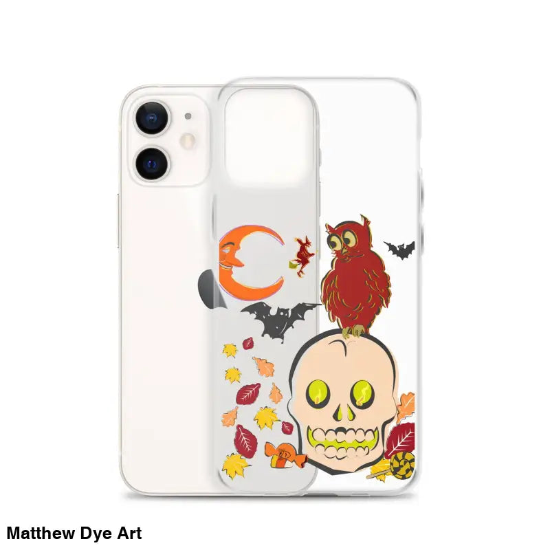 Clear phone case featuring Halloween artwork with cartoonish skull for Haunted Harvest