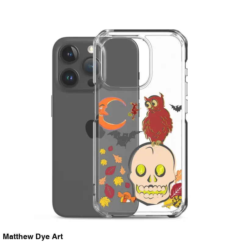 Clear phone case featuring Halloween artwork with cartoonish skull for Haunted Harvest