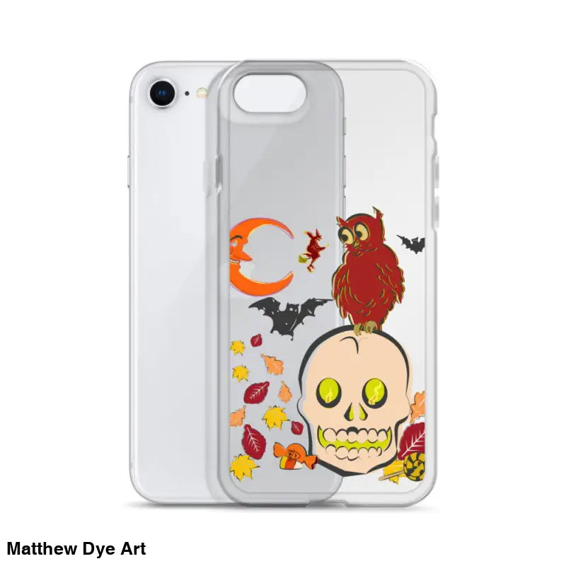 Clear iPhone case featuring cartoonish skull, owl, bats, and leaves for Haunted Harvest