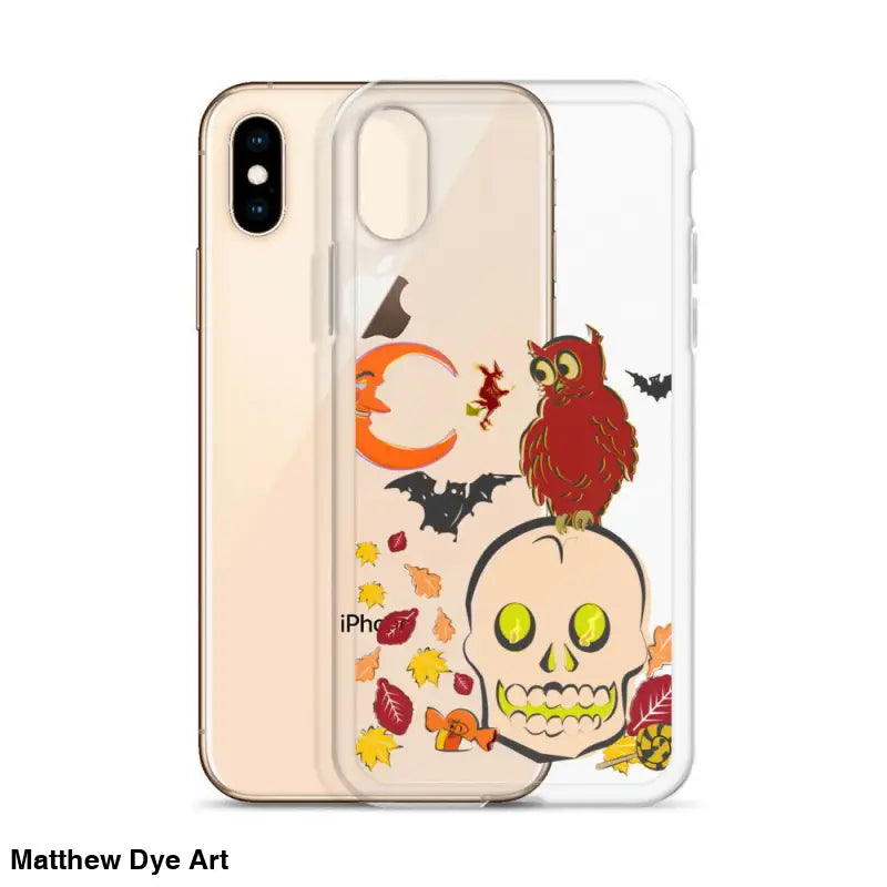 Clear phone case featuring cartoonish skull and Halloween-themed decor for Haunted Harvest