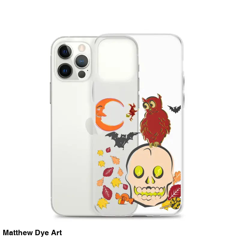 Clear iPhone case featuring cartoonish skull, owl, bats, and autumn leaves for Haunted Harvest