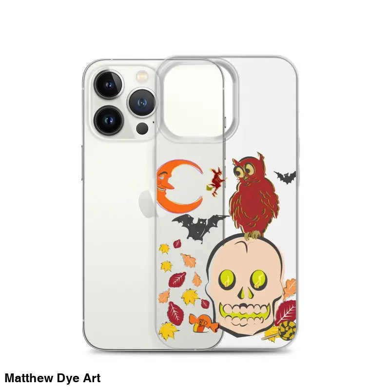 Clear iPhone case with Halloween-themed skull, owl, bats, and leaves for Haunted Harvest