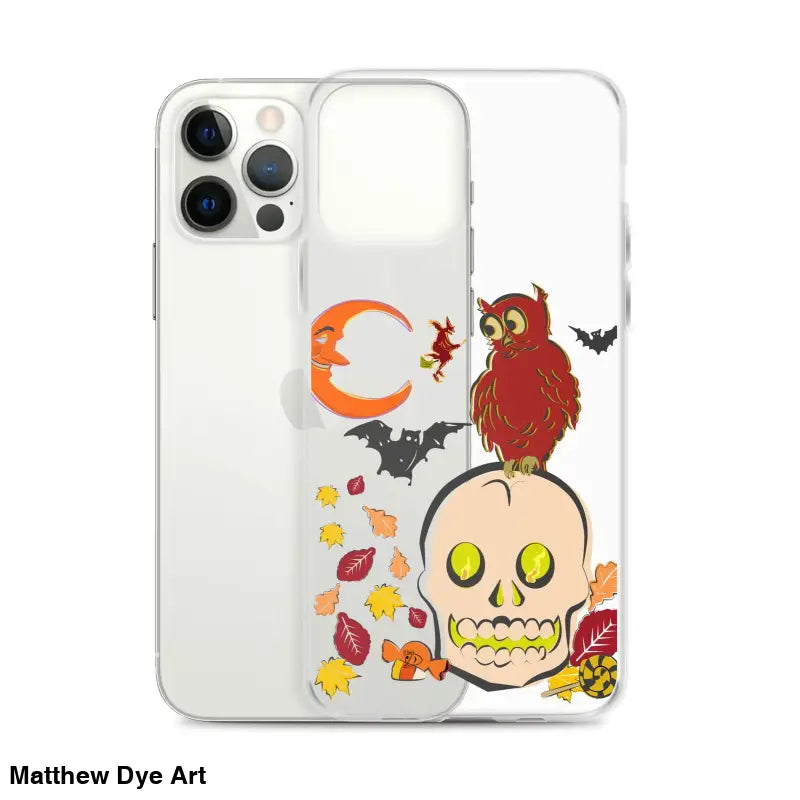 Clear iPhone case with cartoonish skull, bats, and leaves for Haunted Harvest celebrations