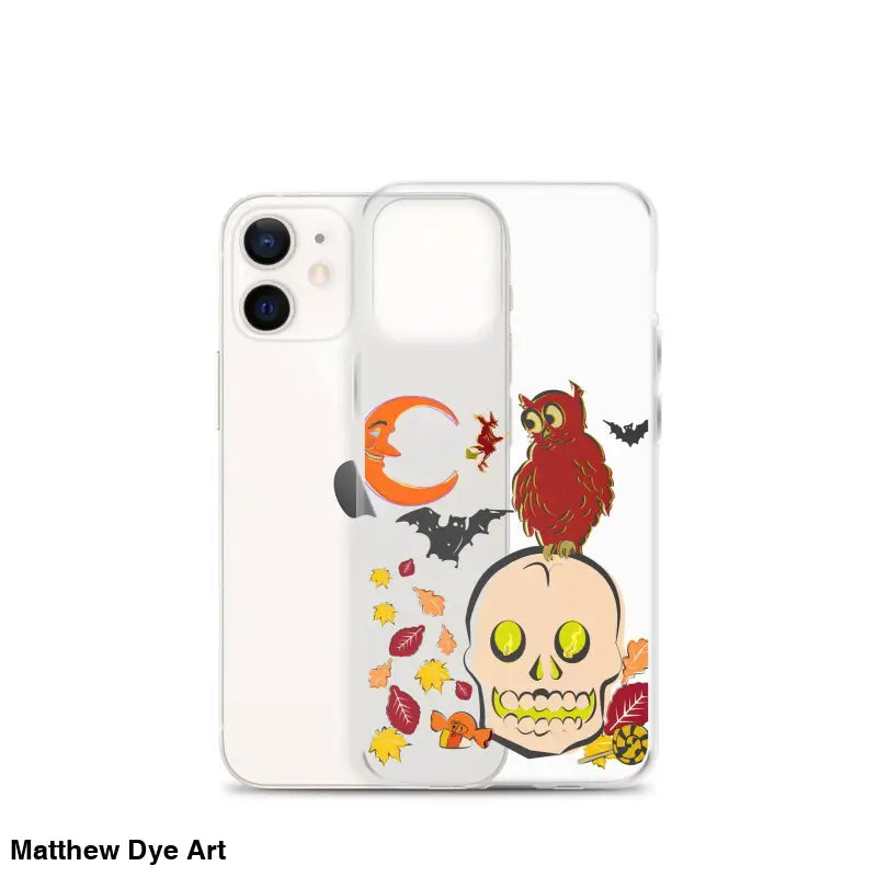 Clear iPhone case featuring cartoonish skull, owl, bats, and leaves for Haunted Harvest