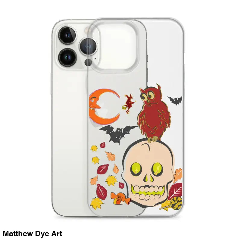 Clear phone case with cartoonish skull, owl, bats, and autumn leaves for Haunted Harvest