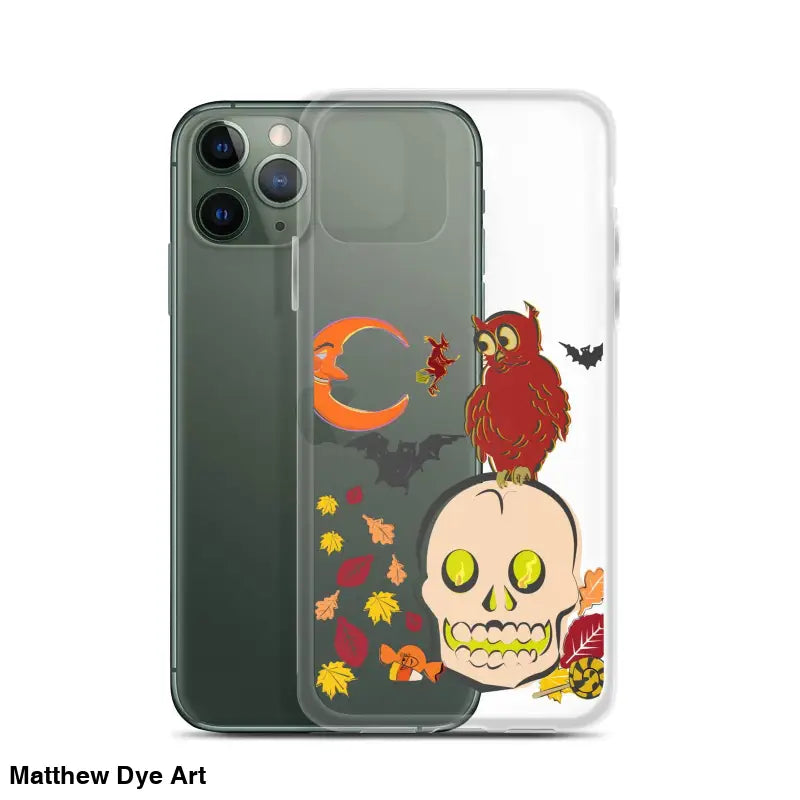Clear case with cartoonish skull, owl, and autumn leaves for Haunted Harvest celebrations