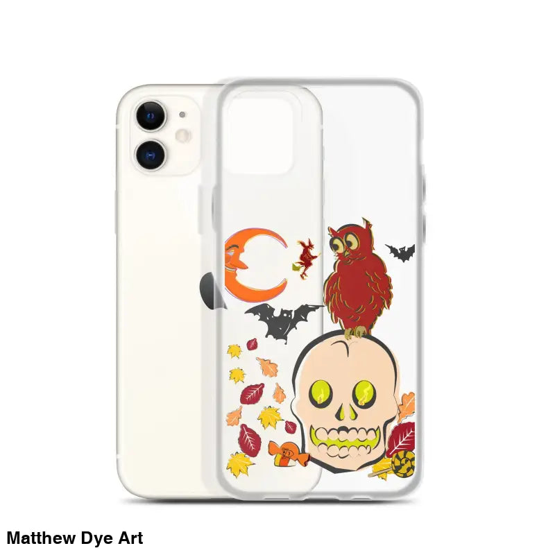 Clear iPhone case featuring cartoonish skull, owl, bats, and autumn leaves for Haunted Harvest