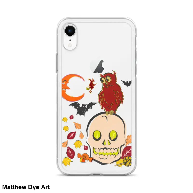 Clear iPhone case with cartoonish skull and bats for Haunted Harvest and Enchanted Celebrations