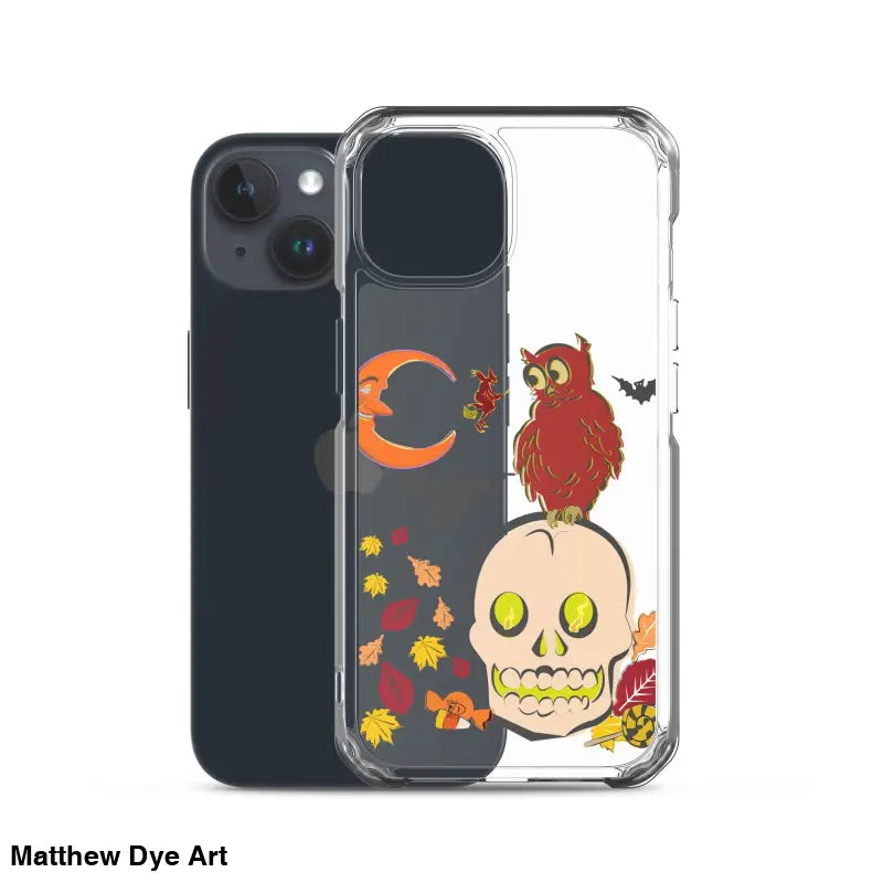 Clear phone case with Halloween artwork of a cartoonish skull for Haunted Harvest