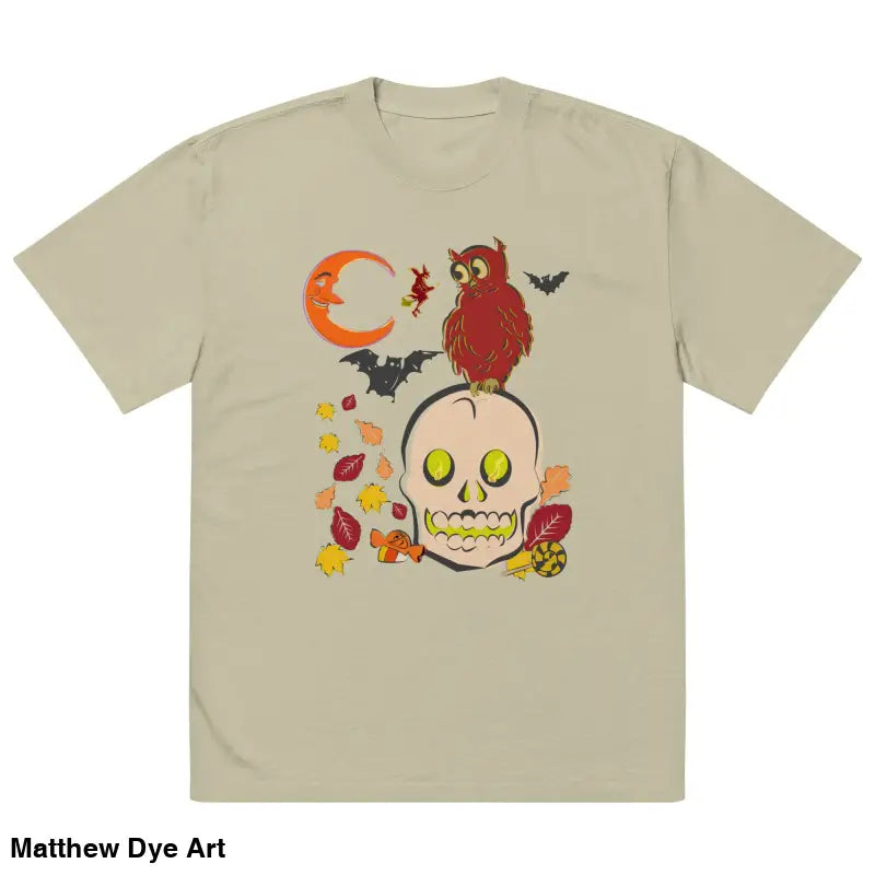 Beige oversized faded t-shirt featuring a Witching Hour Watcher Halloween graphic