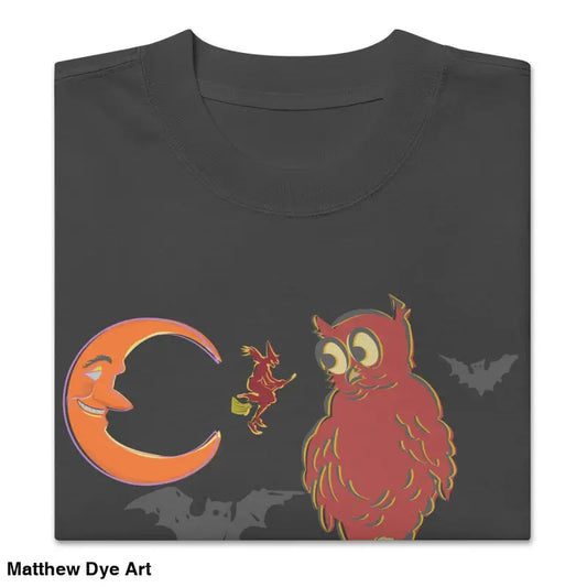 Gray oversized faded t-shirt featuring Witching Hour Watcher design for Halloween elegance