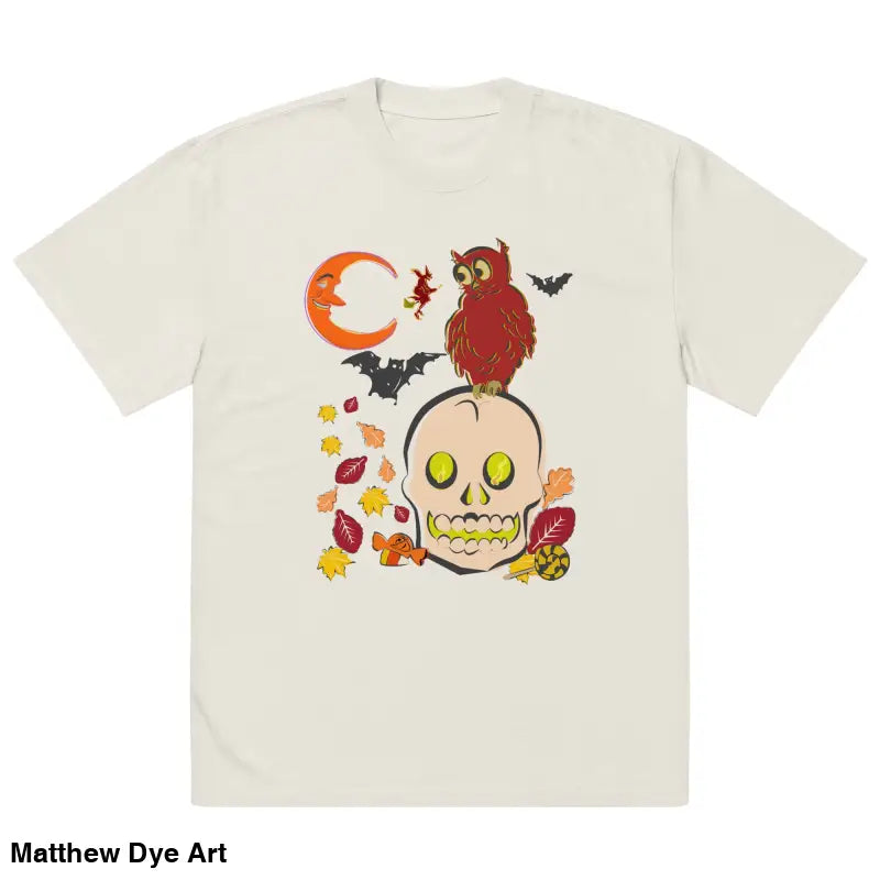 Off-white oversized faded t-shirt featuring a Halloween graphic for haunted harvest style
