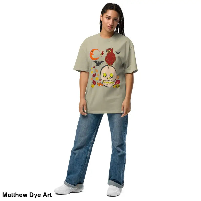 Woman showcasing oversized faded t-shirt featuring Witching Hour Watcher design